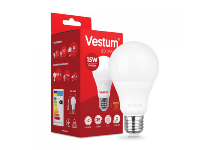 Лампа LED Vestum A65 15W 3000K 220V E27